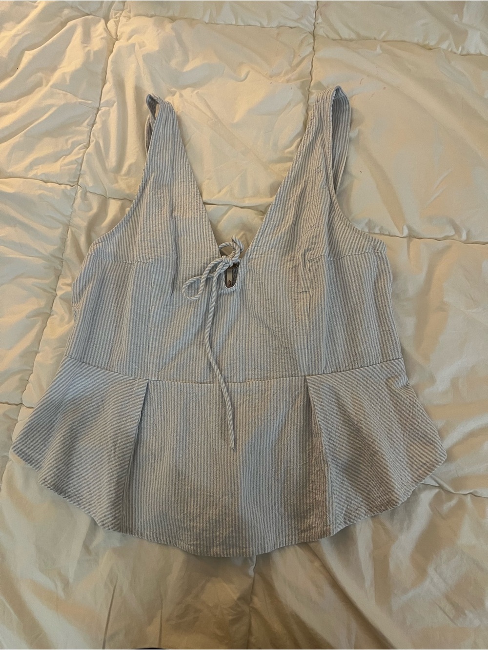 Free People Light Blue Striped Tie-Front Peplum Tank Top
